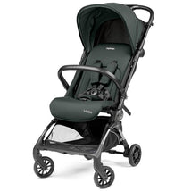Ultra lightweight Peg Perego Volo stroller in dark green, featuring an adjustable canopy, reclining seat, and safety harness.