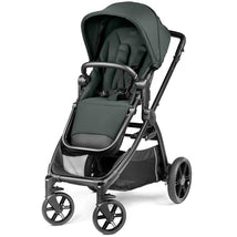Peg Perego Ypsi Single to Double Stroller in Sage Green, featuring a padded seat, canopy, and storage basket.