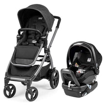 Peg Perego Ypsi Travel System in Onyx, featuring a black stroller with silver frame and a matching infant car seat.