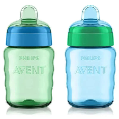 Avent 2-pack My Easy Sippy Cups in blue and green, 9 oz, featuring soft spouts and ergonomic design.