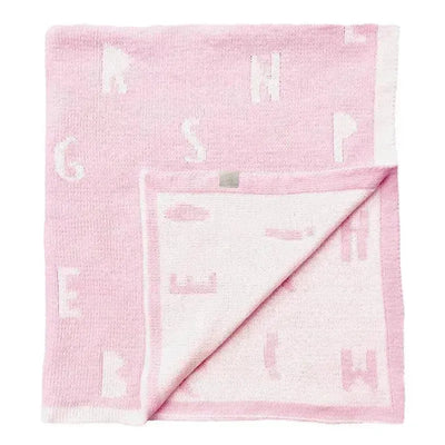 Feather chenille blanket in pink with alphabet pattern, displayed on a wooden hanger.