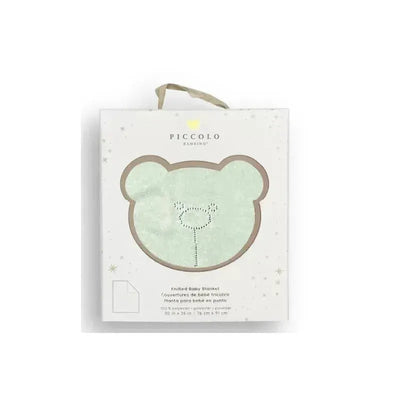 Pointelle stroller blanket in green by Piccolo Bambino, packaged in a bear-shaped gift box.