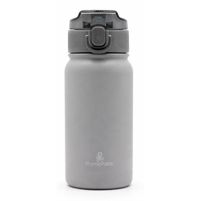 Kids insulated straw water bottle in gray featuring a secure lid and logo, designed for hydration and durability.