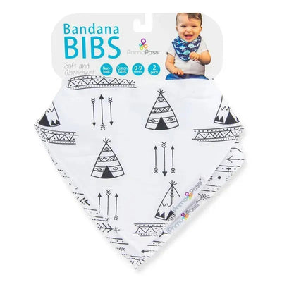 Bandana bibs featuring black arrow and teepee designs on a white background, suitable for infants 0-9 months.