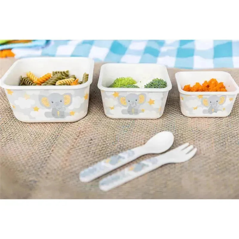 Primo Passi - Bamboo Fiber Kids Super Combo - Divided Square Plate, Square Bowl, Fork&Spoon, And 3 Food Container With Lids - Little Elephant Image 4