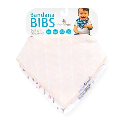 White and pink arrows bandana bibs from Primo Passi, suitable for infants 0-9 months, packaged in a two-pack.