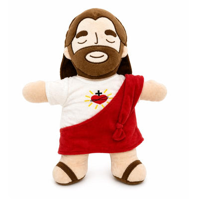 Plush toy of Jesus wearing a red robe and white shirt with a heart design, features music and breathing function.