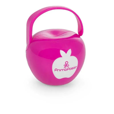 Pink apple-shaped pacifier case by Primo Passi with a handle, designed for storing pacifiers securely.