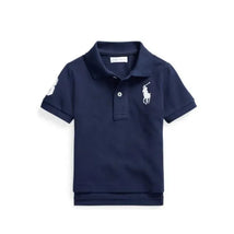 Baby knit polo shirt in French navy, featuring a white embroidered logo on the chest and short sleeves.