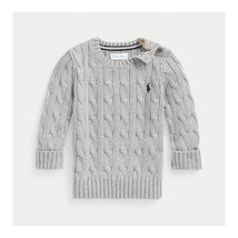 Long-sleeve light gray cable-knit crewneck sweater for babies with a small navy logo and button detail on the shoulder.