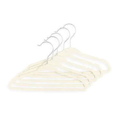 Cream-colored plastic hangers with metallic hooks, arranged in a pack of 15.