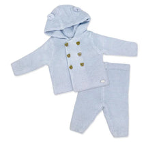Hooded baby knit set in baby blue, featuring a double-breasted cardigan with bear ears and matching pants.
