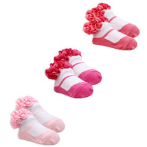 Rose Textiles 3 Pairs Grosgrain Ruffle Crew Sock, Pink, 0/6M Image 1