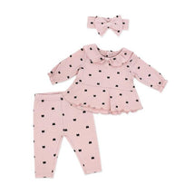 Pink baby girl legging and headband set featuring a long-sleeve top with a ruffled collar and black bow prints.