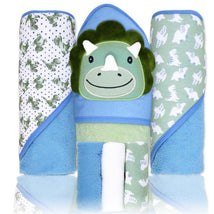 Rose Textiles 6Pk Bath Set: 3 Hooded Towels & 3 Washcloths, Blue Dino Image 1