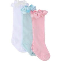 Knee high socks in three pastel colors: white, light blue, and pink, each with lace and bow details at the top.