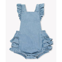 Rufflebutts - Baby Girl Light Wash Flutter Overall Rumper Image 2