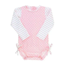 RuffleButts - Baby Girl Long Sleeve One Piece Rash Guard, Pink Polka Image 1