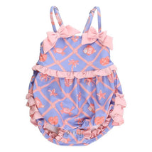 Rufflebutts Baby Girls Tropical Trellis One Piece Bow Bubble Romper Swimsuit With Signature Rear Ruffles Image 1