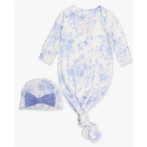 Rufflebutts Blue Butterfly Ruffle Knotted Sleep Gown and Bow Hat Set for infants, featuring floral patterns and a lilac bow.
