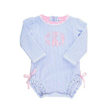 Rufflebutts - Periwinkle Blue Seersucker One Piece Rash Guard Image 1