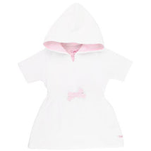 White cover-up with a pink seersucker hood and bow detail, designed for infants aged 3 to 6 months.