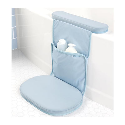Cushioned blue elbow saver and kneeler pad set with a storage pocket, designed for baby bathing.
