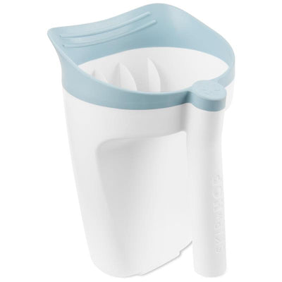 Baby bath rinse cup designed for tear-free rinsing, featuring a white body with a light blue top and a comfortable handle.