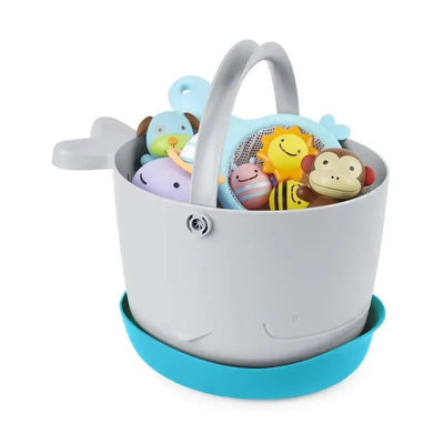 Bath toy bucket in gray with blue base, filled with colorful bath toys including animals and a smiling sun.