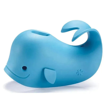 Blue whale-shaped baby bath spout cover designed for universal fit, featuring a smiling face and curved tail.
