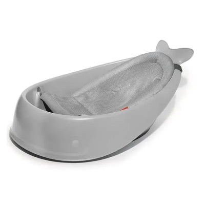 Grey Skip Hop Moby Smart Sling 3-Stage Tub with mesh sling for safe bathing of infants and toddlers.