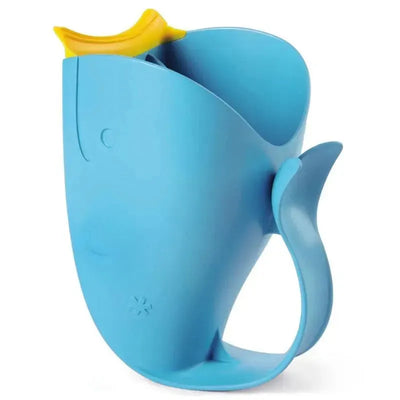 Blue whale-shaped bath rinser with a yellow spout, designed for pouring water during bath time.