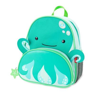 Green octopus-themed backpack with smiling face, two side arms, and a star-shaped zipper pull.