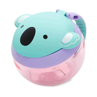 Koala-shaped Skip Hop Zoo Snack Cup with a teal lid, purple base, and pink transparent body, designed for holding snacks.