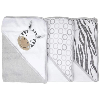 Three grey zebra-themed hooded towels featuring a zebra design, polka dots, and a zebra stripe pattern.