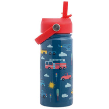 Insulated stainless steel bottle with a red handle, featuring colorful transportation-themed graphics on a blue background.