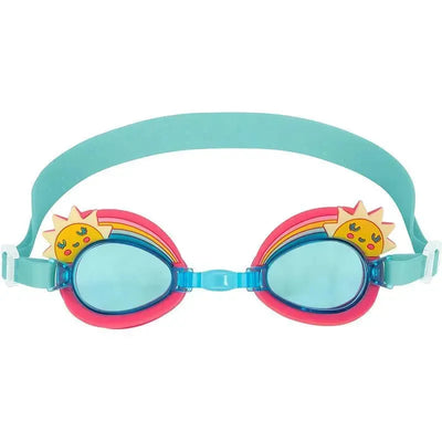 Toddler swim goggles with a rainbow design and sun embellishments, featuring a soft blue strap and tinted lenses.