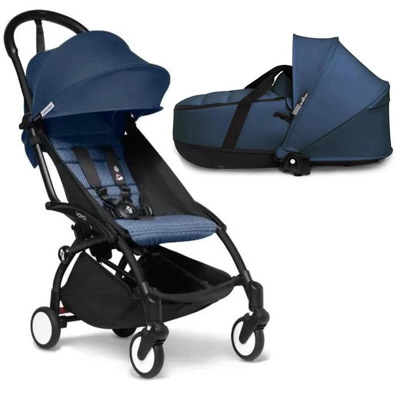 Stokke - Yoyo³ Stroller Bundle, Black Frame | 6+ Air France Color Pack | Navy Bassinet Image 1