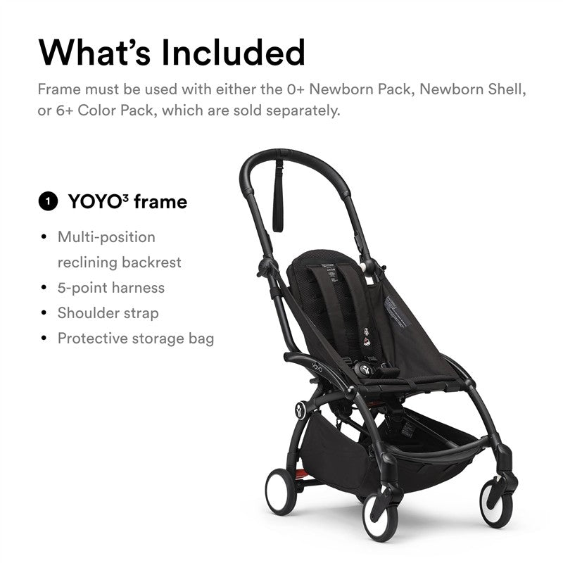 Stokke YOYO3 Frame, Black - Textile Set Not Included - Comes with 5-Point Harness, Multi-Position Reclining Backrest, Canopy Extensions, Padded Sho Image 2