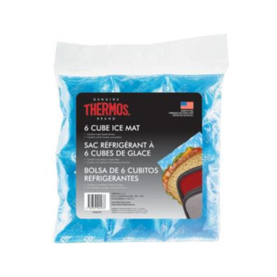 Thermos Reusable Ice Mat with six blue ice cubes, featuring bilingual text for cooling purposes and freshness preservation.