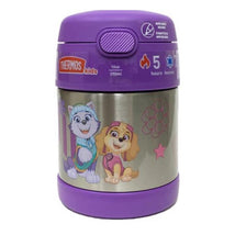 Thermos FUNtainer 10 oz food jar in purple with Paw Patrol characters, featuring Skye and Everest illustrations.