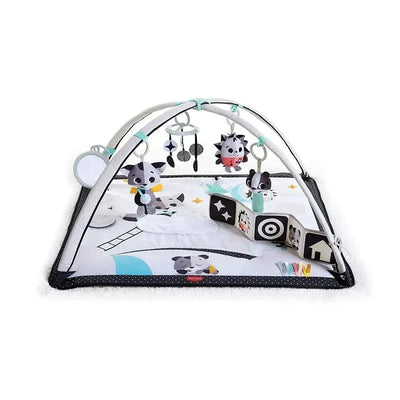Tiny Love Magical Tales Black and White Gymini featuring black and white animal motifs, hanging toys, and mirrors for infant play.