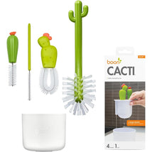 Boon CACTI Bottle Cleaning Brush Set featuring three cactus-shaped brushes in a white pot, designed for effective bottle cleaning.