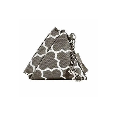 Triangular gray pacifier holder with a white geometric pattern and a chain attachment, designed for easy carrying.