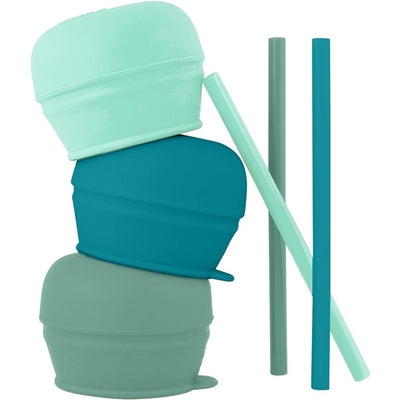 Three Tomy Snug Straw lids in varying shades of green stacked vertically, with two matching straws beside them.