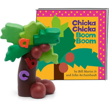Tonies Chicka Chicka Boom Boom figurine with colorful tree design and letters, accompanied by the storybook cover.
