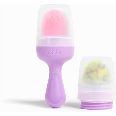 Smoothie Purple Baby Food Feeder Set by Ubbi, featuring a purple handle and a pink silicone feeding tip.