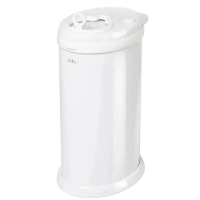 Steel odor-locking diaper pail in white, featuring a round lid and a sleek, smooth design for modern nurseries.