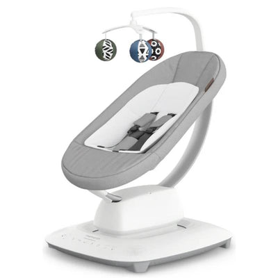 Uppababy Mamaroo Smart Swing in Grey Mélange, featuring a plush seat with harness and mobile with hanging toys.