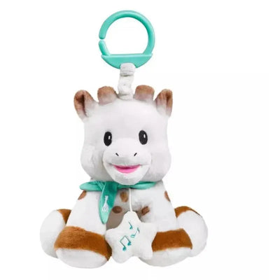 Vulli Sophie La Girafe Plush toy with a musical box, featuring a smiling giraffe design and a clip on top.